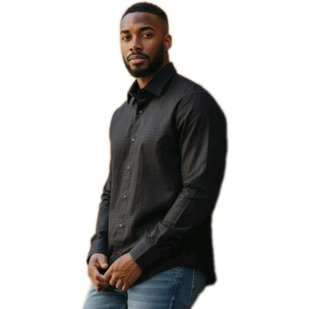 GUESS Men's Black Long-Sleeves French Cuff Fitted 100% Cotton Shirt Size Large